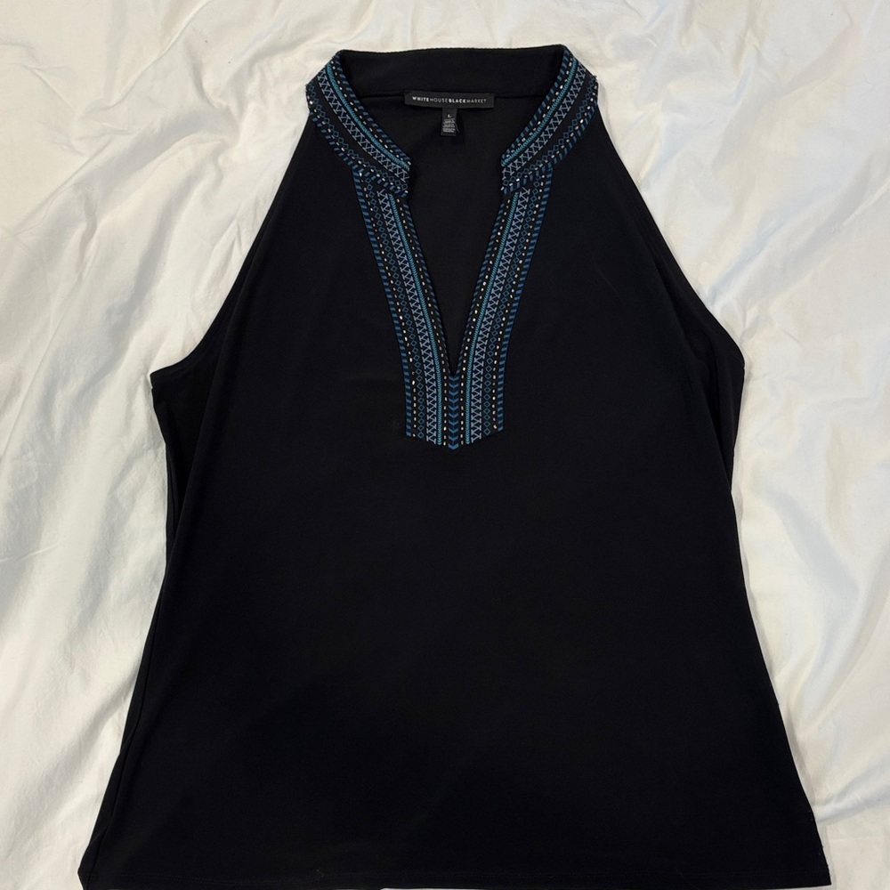 WHBM Black Sleeveless Top with Blue Accents